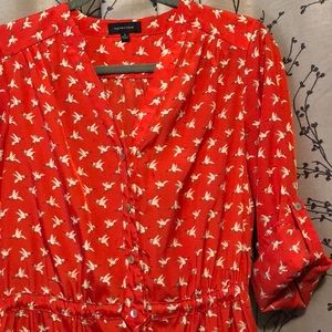 Red orange button down dress with bird pattern